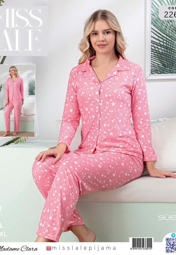 Pijama damă din suet roz, cu nasturi și imprimeu cu steluțe, En-gros